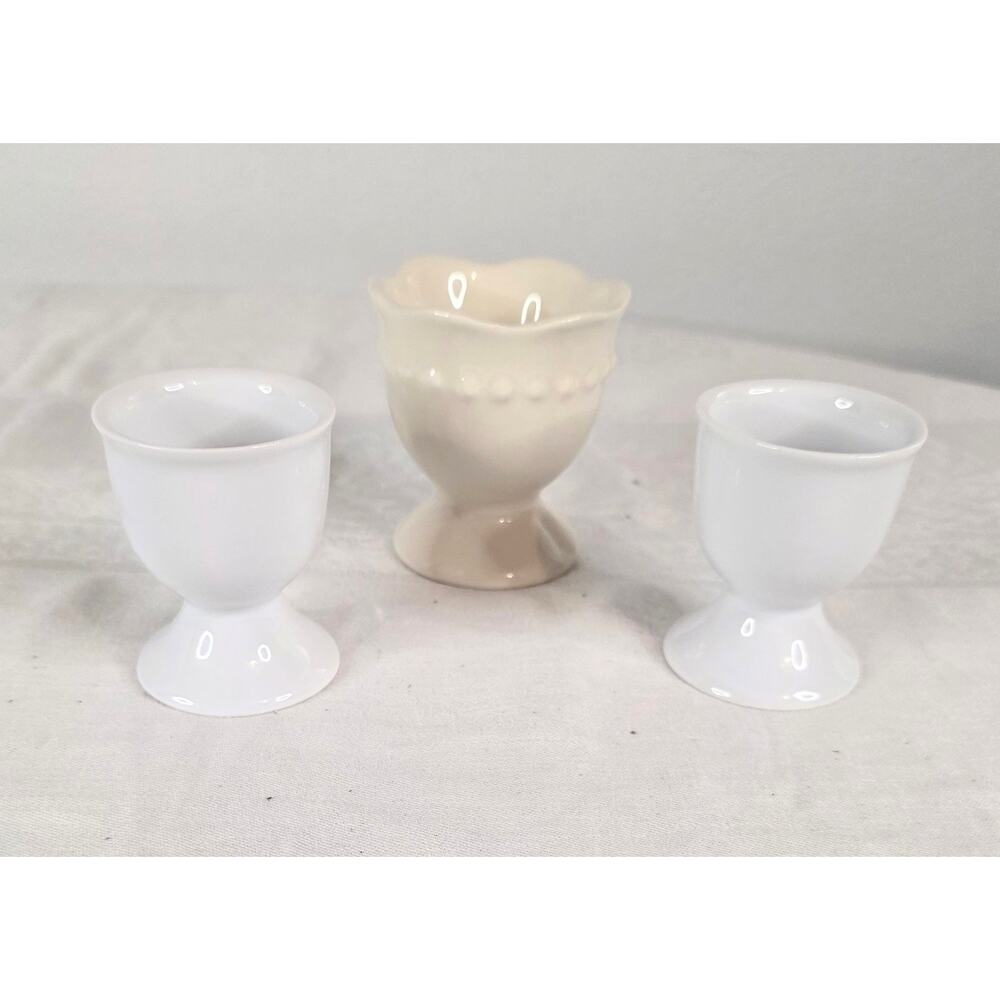 Lot of 3 Glass Egg Cups 2 White (2 1/2" Tall) 1 Ivory (3" Tall)  Kitchen Serving